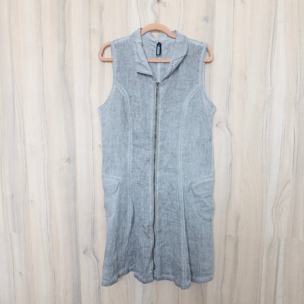 Inizio Womens Linen Zip Front Shift Dress L Gray Italy Lagenlook Euro Summer